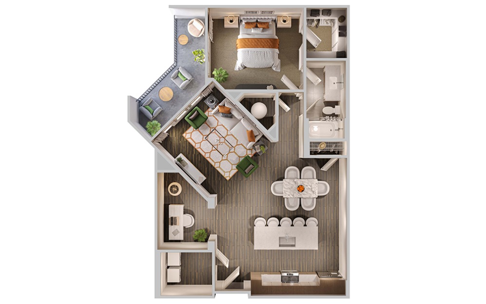 A7D - 1 bedroom floorplan layout with 1 bathroom and 994 square feet (3D)