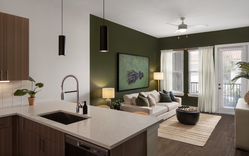 Kitchen overlooking Living Room