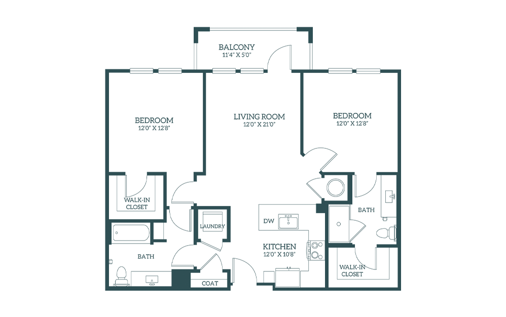 B1 - 2 bedroom floorplan layout with 2 bathrooms and 1042 square feet (2D)