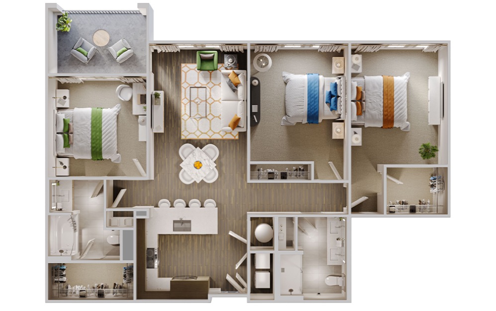 C1 - 3 bedroom floorplan layout with 2 bathrooms and 1405 square feet (3D)