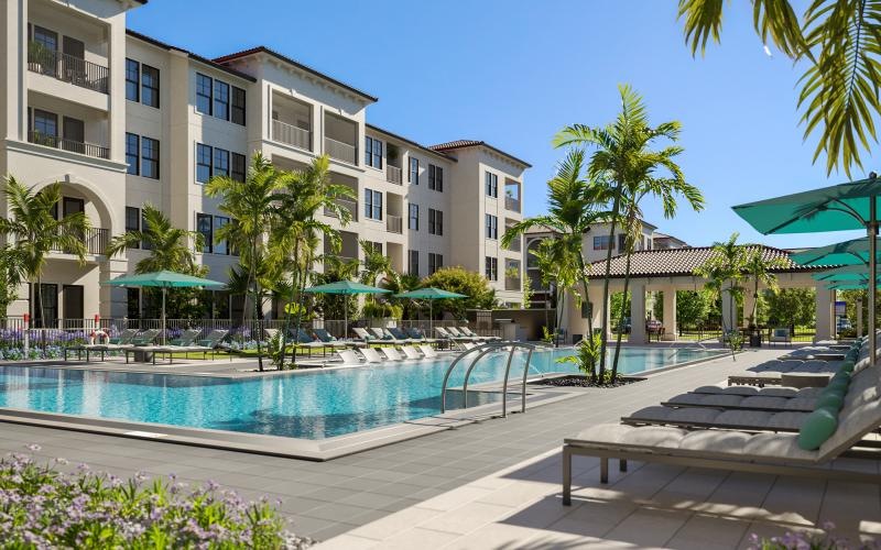 a pool in front of a building